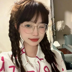 INGVN Korean Retro Alloy Glasses Frame Girl Ins No Makeup Plain Glasses Men Light Eyewear Cute Decorative Computer Glasses