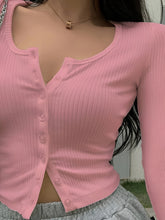 Solid Color Crew Neck Slim Fit Long Sleeve T-Shirt - Soft Y2K Ribbed Single Breasted Design for Everyday Wear, Comfortable Women's Clothing for Casual Occasions, Perfect for Spring and Summer Seasons