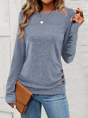 Button Decor Ruched T-Shirt, Casual Long Sleeve Top For Spring & Fall, Women's Clothing