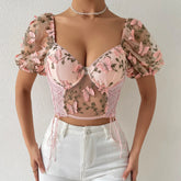 Women Vintage Blouse Butterfly Floral Mesh Puff Short Sleeve Square Neck Corset Crop Tops Summer Elegant Sexy Shirts