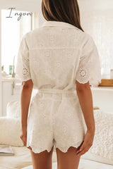 Ingvn - Sexy Solid Jacquard Embroidered Bandage Turndown Collar Loose Rompers