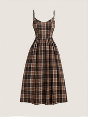 Elegant, Comfortable Vintage-Inspired Plaid Midi Dress with Spaghetti Straps - Polyester, Machine Washable, Non-Sheer