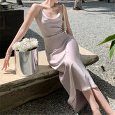 Vintage Luxury Satin Swinging Collar Long Dresses for Women Sexy Sleeveless Fashion Slim Casual Beach Holiday Dress Summer