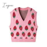 Ingvn - Sweater Vests Women Pink Knitwear Strawberry-print Harajuku Sweet All-match Chic Soft Casual Classic Simple Streetwear
