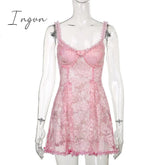 Ingvn - Sweet Cute Lace Cami Dress See Through Sexy Slim Sleeveless Ruffles Bow A-Line Mini Dresses For Women Summer Spring Lady