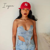 Ingvn - Summer New Irregular Strapless Zipper Denim Crop Top Corset Women Blue Jeans Tube Tops Party Clubwear Streetwear Clothes