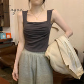 Ingvn - Solid Tank Top for Women Summer 2023 New Korean Fashion Sleeveless Square Collar Slim Crop Top Chic Casual Y2k Tanks