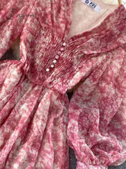 Ingvn - New Fashion Cyber Celebrity Chiffon Floral Print Dress Female Spring Summer French Retro Super Fairy Sweet V-neck Short A-line Dress ML857