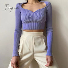 Ingvn - Fashion Trends European and American Fashion Autumn New Women's Solid Color Long-sleeved Slim Top Feminine Peach Heart V-neck Woolen Sweater