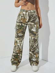 High Waist Leaf Print Cargo Pants - Straight Leg, Non-Stretch Denim, Flap Pockets, Hand Washable, Weekend Casual, Y2K & Kpop Inspired Street Style, Customized Womens Denim Jeans & Clothing for Spring/Fall Season