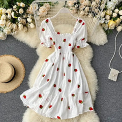 Ingvn - Strawberry Dress Cherry Kawaii Embroidery Puff Sleeve Dress Women Vintage White Square Neck Beach Dresses Korean Clothes