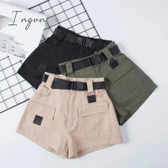 Ingvn - High Waist Cargo Shorts With Pocket Buckle Belt