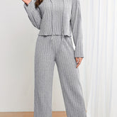 Two-piece Set, Casual Solid Ribbed Drawstring Long Sleeve Hoodie & Wide Leg Pants Outfits for Women