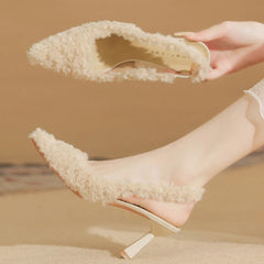 Black Fur Slingback Pumps Sandals Women Fashion Pointed Toe Shallow Slip-on Plush Pumps Ladies Elegant Evening Party Heel Shoes
