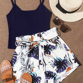 Lightweight Womens Vacation Shorts Outfit Set - Sleeveless V-Neck Cami Top with Vibrant Plants Print & Belted Paperbag Waist Loose Shorts - Effortless Summer Style Two-Piece Ensemble