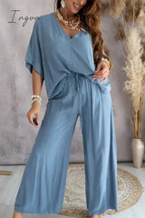 Ingvn - Casual Print Patchwork V Neck Half Sleeve Two Pieces(9 Colors)