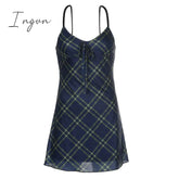 Ingvn - E-Girl 90s Spaghetti Strap Bandage Front Ruffles Plaid Dresses Vintage Mesh V-neck Backless A-line Mini Dress Partywear