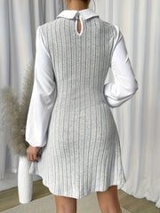 Casual A-Shaped Knitted Color Stitching Lantern Sleeve Dress with Lapel Back Keyhole, Women's Clothing