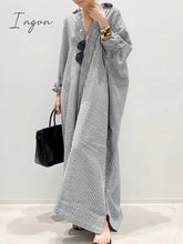 Ingvn - Summer New Dress Fashion Cotton Linen Striped Cardigan Loose Large Casual Temperament Commuter Irregular Women's Long Dress tops