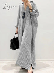 Ingvn - Summer New Dress Fashion Cotton Linen Striped Cardigan Loose Large Casual Temperament Commuter Irregular Women's Long Dress tops