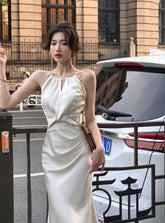 Sexy Sleeveless Satin Mermaid Long Dresses for Women New Summer French Elegant Fashion Slim Solid Tank Evening Party Robe