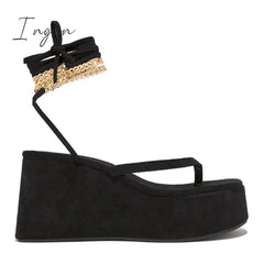 Ingvn - Ankle Chain Lace-Up Thong Entry Wedge Platform Sandals