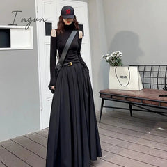 Ingvn - Women Skirts Spring Pleated Floor Length Solid Simple Classic Graceful Popular Newly Young Stylish Cool Korean Style Hot Sale