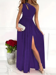 Solid One Shoulder Split Aline Dress, Elegant Ruffle Hem Sleeveless Asymmetrical Dress For Club & Party, Women's Clothing