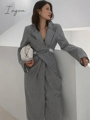Ingvn - Women Gray Pleated Knot Long Elegant Dress New V-collar Long Sleeve Loose Fit Fashion Tide Spring Summer 2023