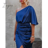 Ingvn - Sexy Party Satin Silk Autumn Winter Dress For Women Short Sleeve One Shoulder High Split Bandage Long Dresses Summer New