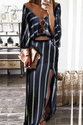 Ingvn - Fashion Striped High Opening V Neck Long Sleeve Two Pieces