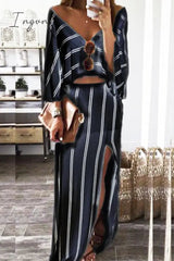 Ingvn - Fashion Striped High Opening V Neck Long Sleeve Two Pieces