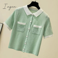 Ingvn - Thin Knitted T Shirt Women Button Cardigan Womens Tops Korean Clothes Summer Short Sleeve Turn-Down Collar Tee Shirt Femme
