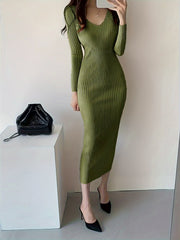 Solid Color Ribbed Long Sleeve Dress, Casual Knitted V Neck Dress For Spring & Fall, Women's Clothing