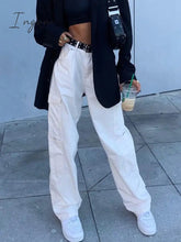 Ingvn - Fashion Streetwear Women Jeans Pocket High Waist Jeans Korean Casual Straight Harajuku Denim Pants Baggy New Cargo Pants