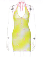 Ingvn Autumn Halter Backless Print Yellow Mini Dress Streetwear Fashion Sexy V-neck Hollow Out Slim Sleeveless Party Club Dresses
