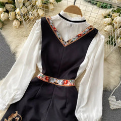 Ingvn - Spring Autumn Elegant 2 Piece Set Overalls Dress Women Bow Collar White Shirt Top+ Irregular Flower Print V-Neck Vest Dress