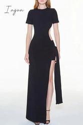 Ingvn - Sexy Solid High Opening Asymmetrical O Neck Irregular Dress Short Sleeve Dress