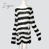 Ingvn - Plus Size Punk Gothic Long Unisex Sweater Dress Women Man Striped Cool Hollow Out Hole Broken Jumper Loose Rock Thin Sweter