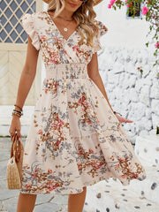 Elegant Peplum A-Line Dress with Crisscross Neck - Shirred Waist, Micro Elasticity, Semi-Sheer, Floral Random Print - Machine Washable, Customized, Spring/Summer Womens Clothing