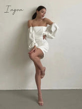 Ingvn - Women Sexy Off The Shoulder White Dress Elegant Puff Sleeve High Waist Mini Party Bodycon Dress Summer New Fashion Dresses