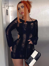 Ingvn - Fashion Trends Round Collar See Through Dress Women Sexy Long Sleeve Elegant Beachwear Hollow Out Backless Knitted Female Dress Summer