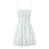 Sexy Sweet Women Lace Spliced White Sling Mini Dress Layers Cake Hem A-line Short Summer Dress Holiday Robe Cotton