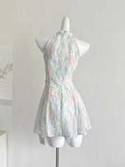 Summer French Elegant Original Design Mini Dress Women Print Lace 3D Floral Halter Party Dress Casual Chic Pretty Clothing