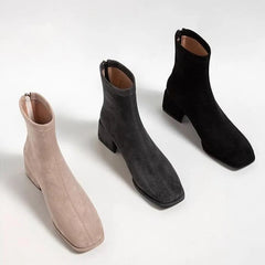 Ankle Boots for Women Spring Autumn Gray Black Women's Shoes Chunky Middle Heel Suede Short Botas Square Toe Back Zip Botines
