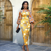Ingvn - African Women Sun Flower Printed Long Dresses O Neck Lantern Sleeve High Waist Sheath Gowns 4XL for Wedding Guest Church Outfits