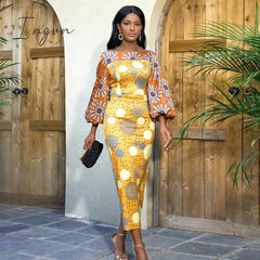 Ingvn - African Women Sun Flower Printed Long Dresses O Neck Lantern Sleeve High Waist Sheath Gowns 4XL for Wedding Guest Church Outfits