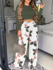 Chic Womens Two-Piece Set - Soft Solid Top with Flowing Floral Pants - Casual Wide Leg Outfit for Everyday Style
