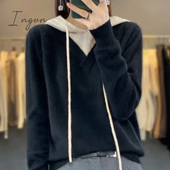 Ingvn - Autumn and Winter 2023 New 100% Merino Wool Women's Knitted Hooded Pullover Casual Color Matching Sweater Korean Fashion Top