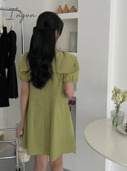 Ingvn - Solid Dress for Women Fashion High Waisted Short Sleeve Sailor Collar Lace Up Mini Dresses 2023 New Spring Summer Dress